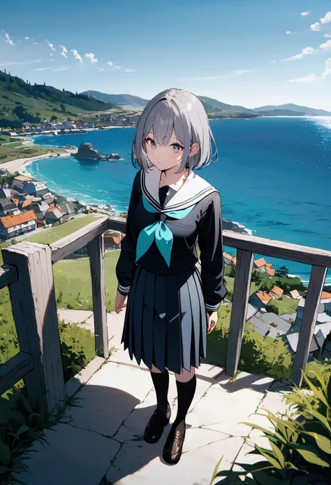 1girl, skirt, solo, gray eyes, school uniform, pleated skirt, serafuku, long sleeves, neckerchief, standing, shirt, sailor collar, white sailor collar, sailor collar, grey hair, neckerchief, shirt, black shirt, blue neckerchief, black serafuku, full body, ...