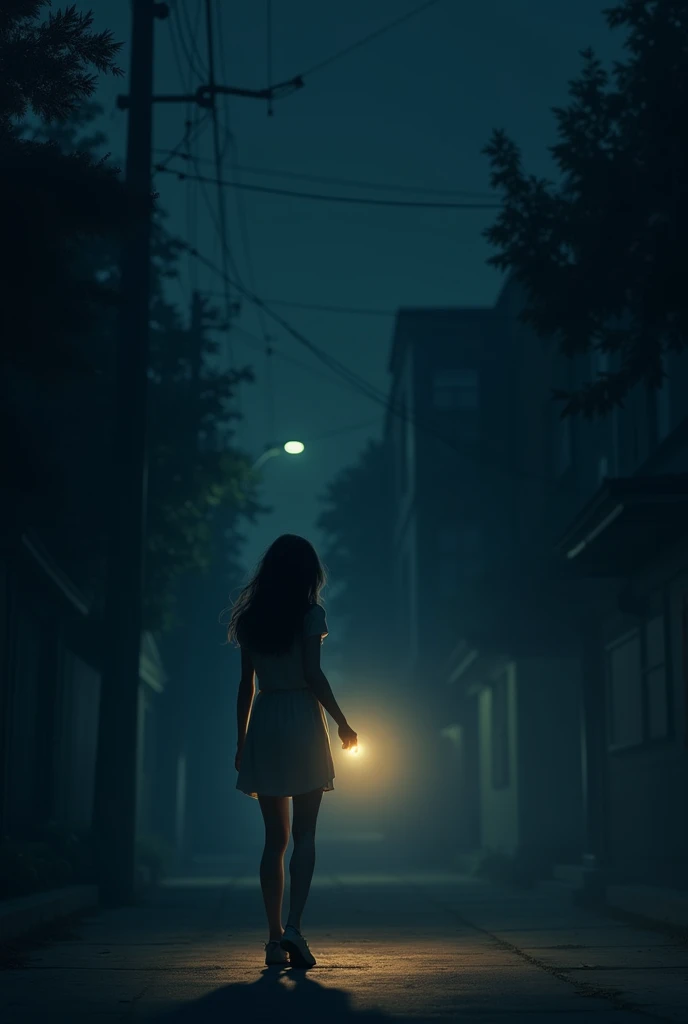 Girl walking at night lighting up with her phone&#39;s flashlight 