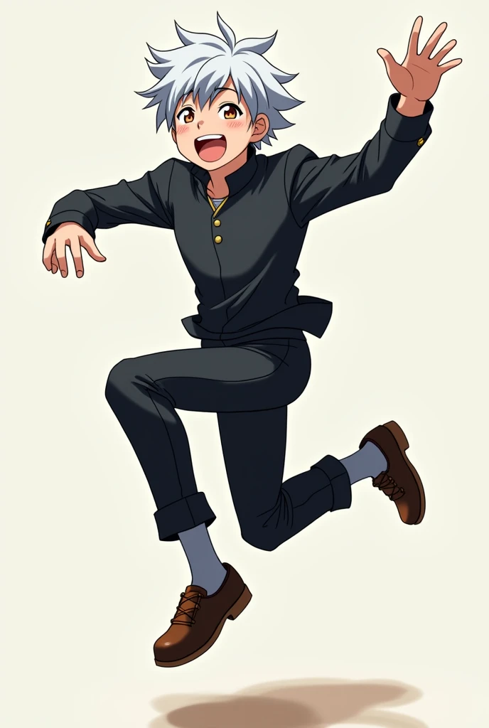 Anime guy, anime man, anime style, jump, full body, exited face, happy face, black school uniform, white hair anime guy, side cut white hair