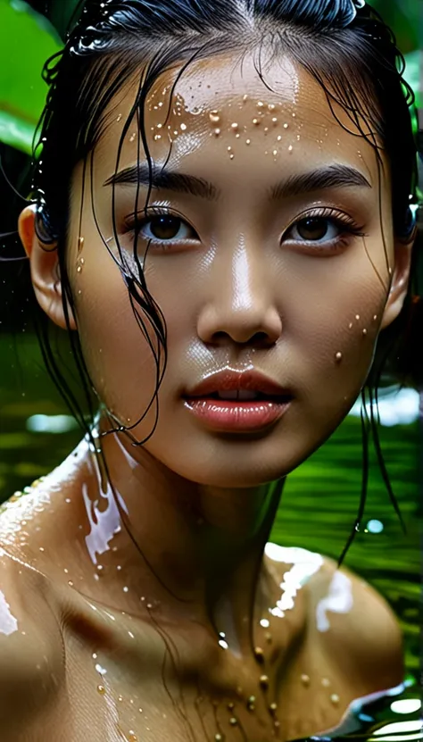 a close up of a person nude in a body of water, gorgeous chinese model, 4 k glamour photography, wet surface, boiling, swamp thing, feminine beautiful face, very famous photo, alluring eyes, photorealistic, stunning woman, ai, sweaty wet skin, in deep fore...