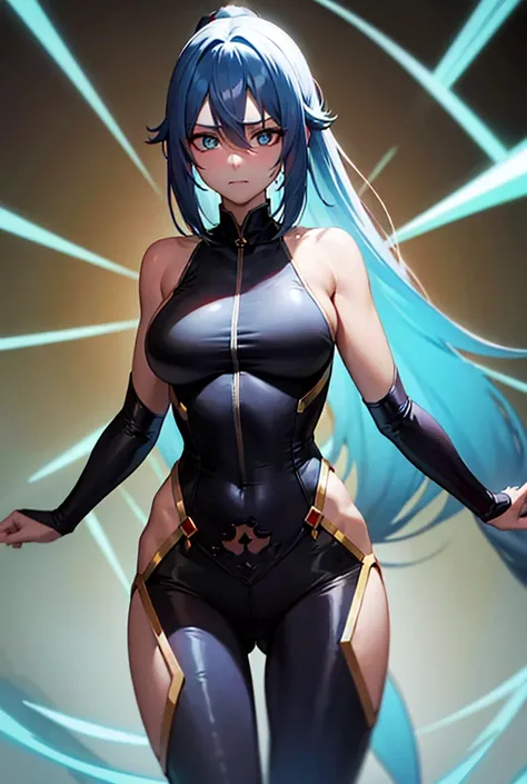 vampires, slightly tanned skin,anatomically correcte, big-ass, neon cyan hair, cyan eyes, clothes of a noble queen. black clothing.bangs between eyes, Hair with two high braids, medium hair, blushful, Hair clip, tails, alone.