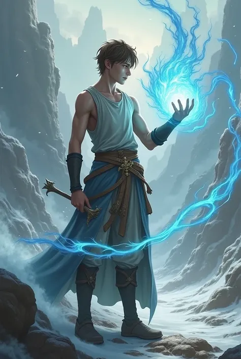 wrath of the prince of the northern kingdom, medieval mythology, young wizard, sleeveless shirt without breastplate, short brown hair, yellow eyes, holding a magic staff, fighting using ghost magic, his hand covered with spirit, realism, ultra HD, full bod...