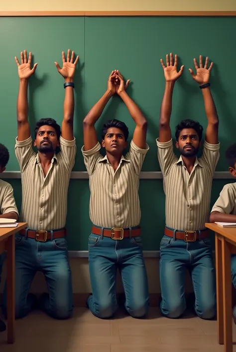 Side view of Three 20 year old  sri lankan males wearing sripe shirt long sleeve denim trousers and leather square shape buckle belt and shoes kneeling in a row inside the corner of the tusion classroom against the wall with both their hands raised straigh...