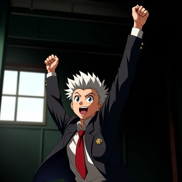 Anime guy, high school anime guy, handsome abime guy, tall guy, anime man, anime style, jump, full body, exited face, happy face, black school uniform, white hair anime guy, side cut white hair