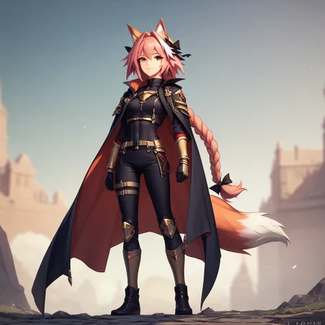 1girl , military black uniform with cape , Fox , fullbody, astolfo