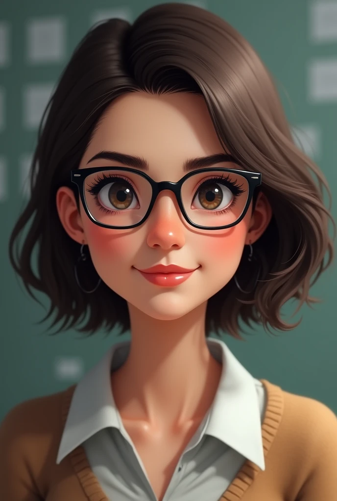 Brunette teacher, black hair bob cut, glasses 