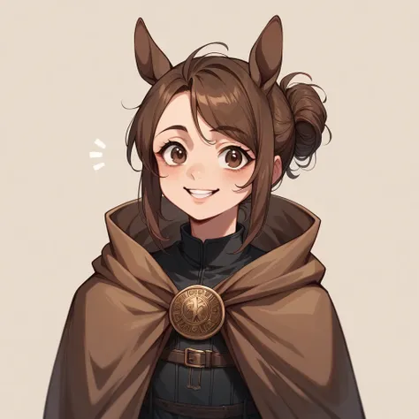 Young woman, Brown hair., Brown eyes, Proud Face. Her clothes are милый and soft., clothes leather brown cape. Horse tail. The horse has ears, plain background 
