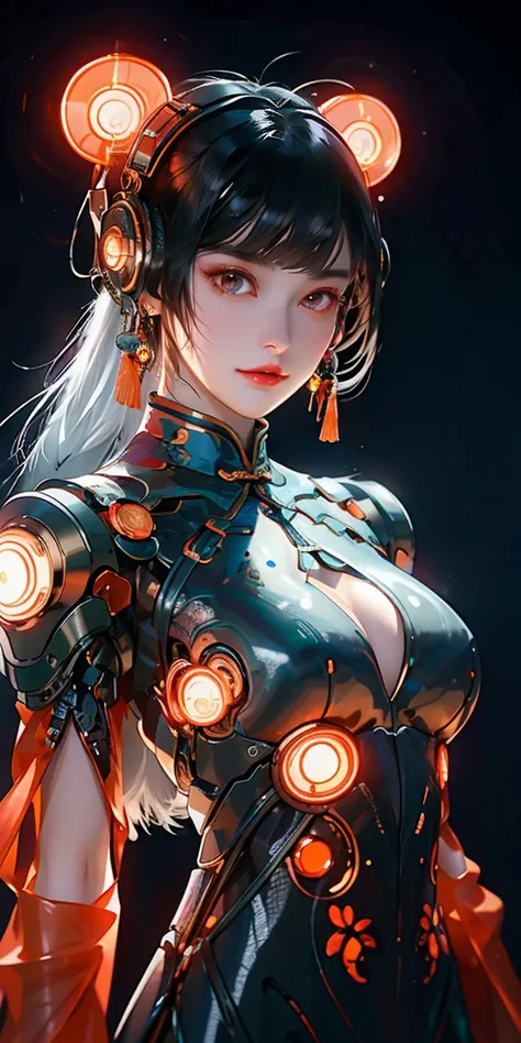 1 girl, Chinese_clothing, liquid silver and orange, cyberhan, cheongsam, cyberpunk city, dynamic poses, Detailed illuminated headphones, Luminous hair accessories, long hair, Luminous earrings, glow necklace, cyberpunk, Hi-Tech City, full of mechanical and...