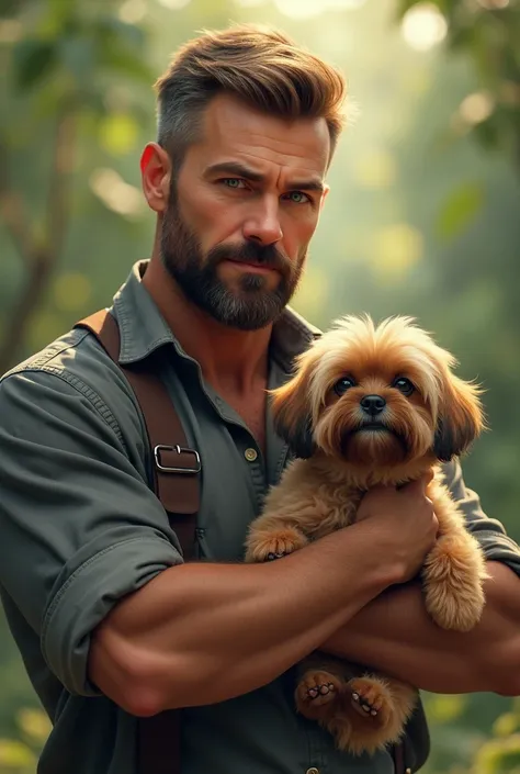 a man with short dark blond hair, very large beard and blue eyes, approximately 30 years old, holding a white shitzu dog with caramel highlights