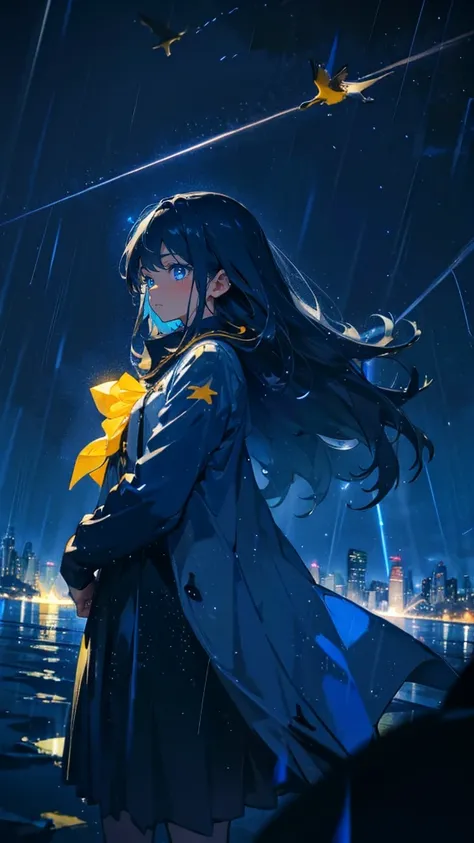 One girl,alone,nice,Sparkling blue eyes,Rainy,Dark yellow,dark blue night,thunder,Black bird flying in the sky,Long Hair