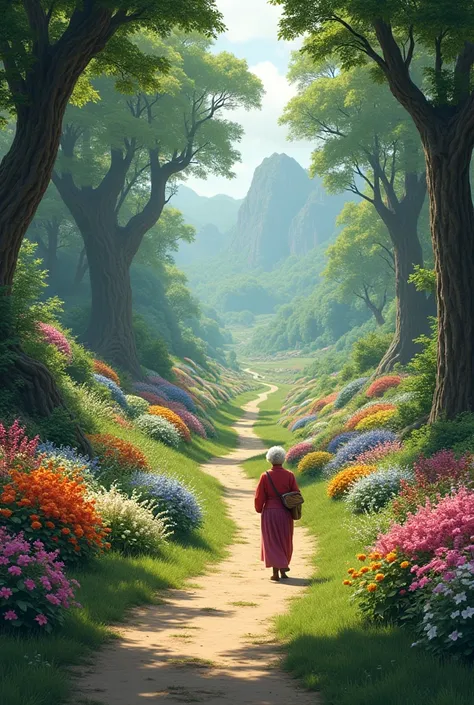  A wide shot of the beautiful path, filled with vibrant flowers, and the old woman walking in the distance.