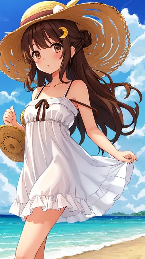 1girl, brown hair, crescent hair ornament, hair up, straw hat, brown eyes, white dress, short dress, collarbone, bare shoulders, walking, beach, sea, waves, clouds, midday 