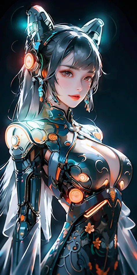 1 girl, Chinese_clothing, liquid silver and orange, cyberhan, cheongsam, cyberpunk city, dynamic poses, Detailed illuminated headphones, Luminous hair accessories, long hair, Luminous earrings, glow necklace, cyberpunk, Hi-Tech City, full of mechanical and...