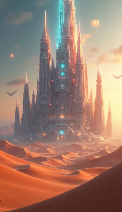 a futuristic desert castle surrounded by sand dunes, floating orbs, glowing energy fields, towering crystalline structures, dramatic lighting, cinematic composition, vibrant colors, intricate architectural details, advanced technology, mysterious atmospher...