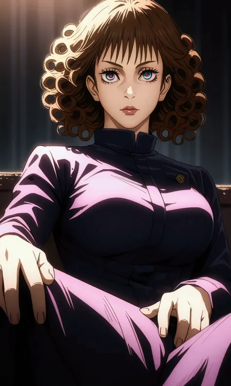 (animerealism:1.2), a brunette girl with curly hair and large breasts sitting with legs stretched out, jujutsu kaisen uniform, d...