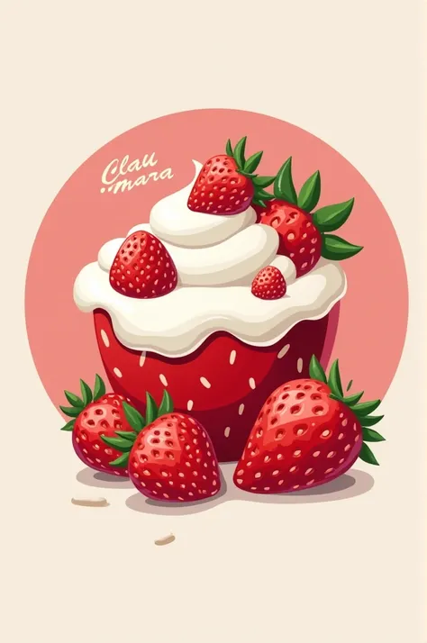 Create a round logo to sell strawberries with cream and have Clau-mara written on it