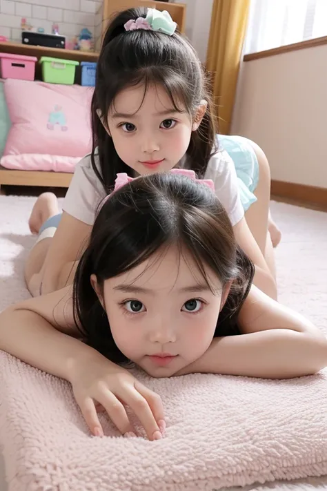 1st grade elementary school, princess baby face, Pretty and cute,pretty, shoes, House living room,bed, Full Shot,Kneeling, prostrating, lying face down ,Full photo