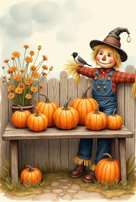 watercolor style, aged This painting depicts a table with pumpkins, a scarecrow, a bird and a flowering plant. The background is a wooden fence and the sky.