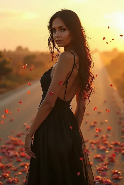 full body, superb young woman, 2 Latinas, Dusty Highway, Flowers in the wind, fog, fog, wear a beautiful dress, Black dress, dripping, hot girl, look through, split, rose petals, Beautiful face, Sun Ray, on open air, covered with flowers and petals, God ra...