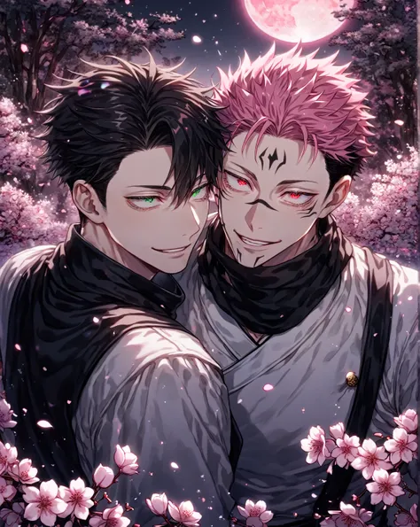 absurdres, highres, ultra detailed, HDR) master piece, best quality, extremely detailed, detailed eyes, detailed face, Kang Woojin, black hair, messy hair, expressive green eyes, Jujutsu Kaisen, Ryoumen Sukuna, pink hair, expressive red eyes, white eyelash...