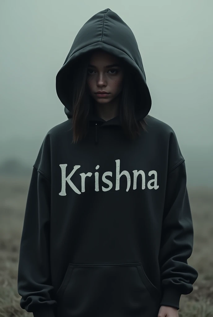 One alon girl wear black hudi text on hudi back side  "kishna" front of see 