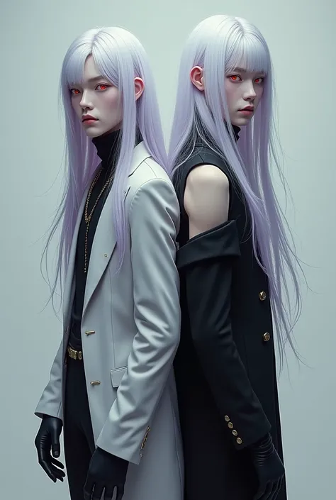 (make a 2 white man Name: 
race: Human Body Features: kinda thin, 1,79 m, Long white hair with light purple highlights, white skin color, silver and red heterochromia.

outfit: aretes, Black gloves, shoes black, sleeveless jacket