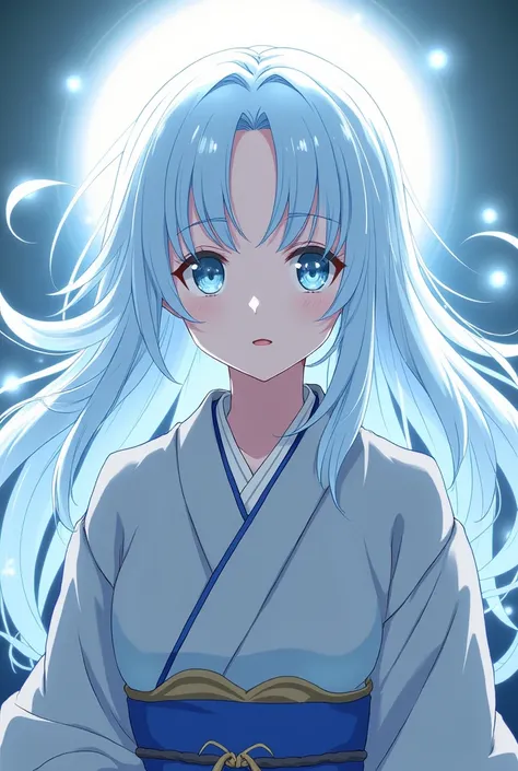 a character from Kimetsu no Yaiba with light blue hair, a gray kimono and time breathing face forward and a smile at the corner of the lip