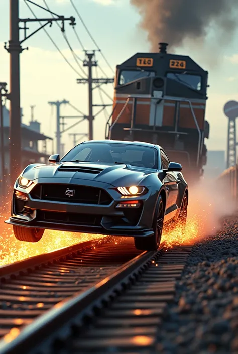 Fast and furious inspired artwork where a fast running car jumping over in front of a fast moving train