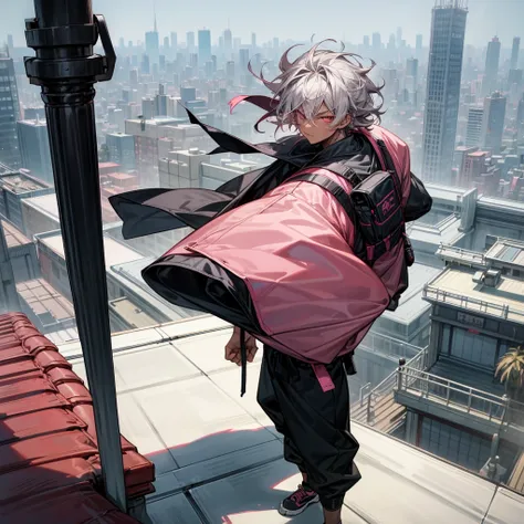 1male, young adult, dark skin, finely detailed pink eyes, wild medium hair, grey hair color, black long sleeve compression shirt, baseball cap, baggy combat pants, standing on building, day time, tokyo city, calm expression, muscular, tattoos, standing on ...