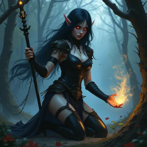 A dark elf sorceress, with pale skin and obsidian black hair, kneels in a shadowy forest. She is adorned in ornate chainmail and wields a crystal staff. Her piercing red eyes glow with arcane power as she casts a spell, surrounded by swirling mists and eth...