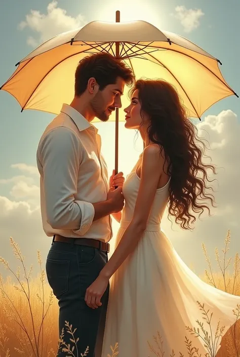 An image of a man holding a parasol with his right hand and his other hand wrapping around a beautiful white-skinned woman with long curly hair, protecting her from the sun, the two walking facing each other