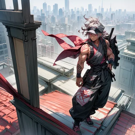 1male, young adult, dark skin, finely detailed pink eyes, wild medium hair, grey hair color, baseball cap, baggy combat pants, standing on building, day time, tokyo city, calm expression, muscular, tattoos, standing on rooftop, hiker backpack, ninja shoes