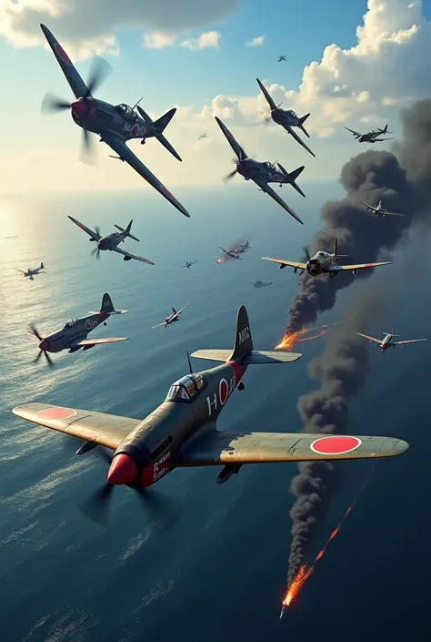 Create an image of air warfare between American and Japanese planes during the Battle of Midway