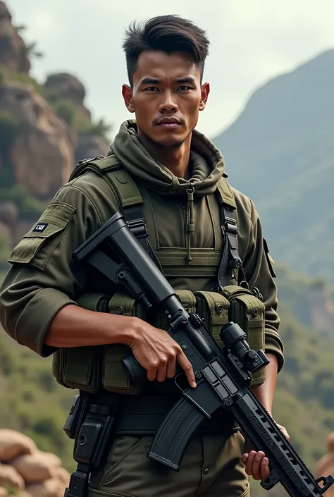 Create the realistic image of the handsome young Indonesian man,neat short hairstyles, soldier origin with Ar-15 rifle with him and also with full combat gear