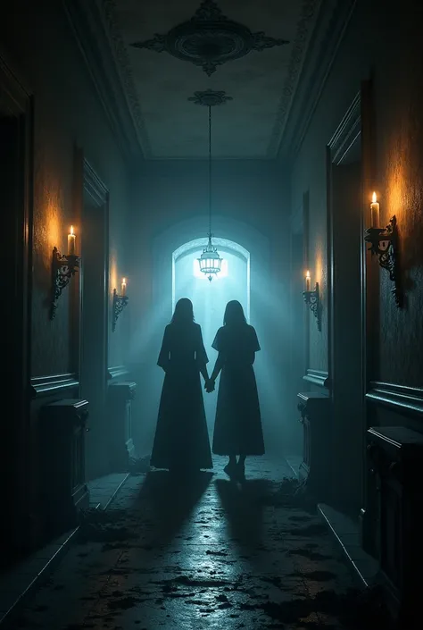 A dimly lit hallway inside the mansion with cobwebs and eerie shadows and two man are standing and seeing 