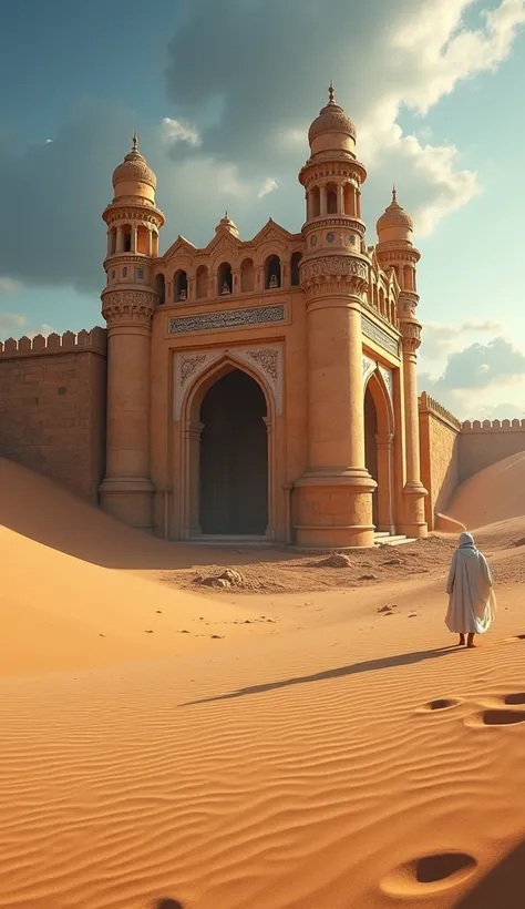 a ruins of desert arabic castle surrounded by sand dunes, dramatic lighting, cinematic composition, vibrant colors, intricate architectural details, mysterious atmosphere, hyper-realistic, (best quality,4k,8k,highres,masterpiece:1.2),ultra-detailed,(realis...