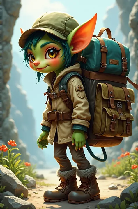 Goblin Girl Adventurer, big backpack on the back, big ass, seen from the side