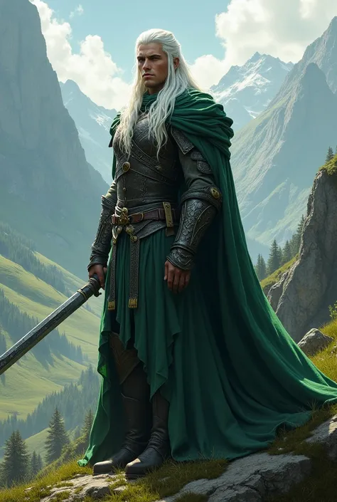 Beautiful man warrior platinum hair wearing green game of thrones 