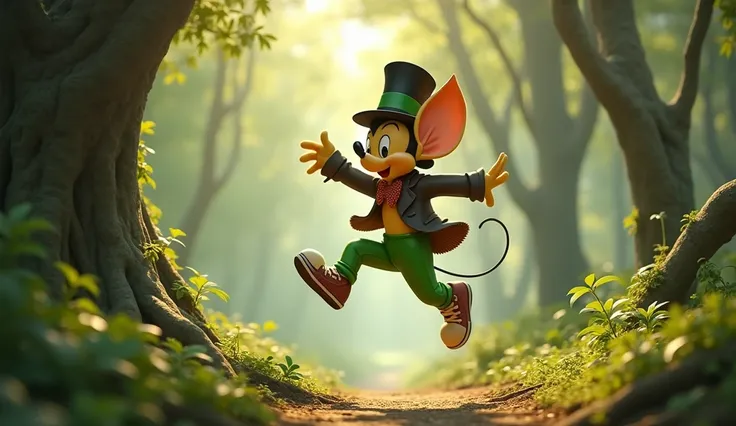 Jiminy cricket with a top hat on his head, a blazer, sneakers, green pants, jumping through the forest