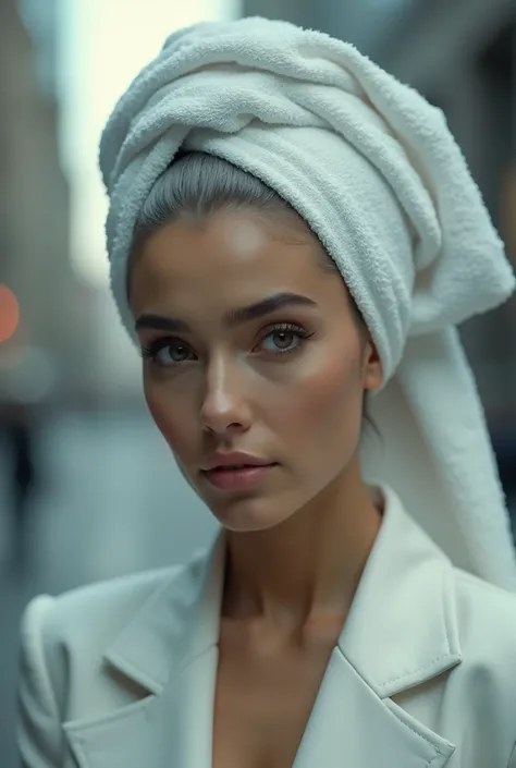 cinematic film still of bright light, bright, A beautiful gray haired youthful looking Hispanic version of Ariana Grande with a white towel  completely covering her head  she is wearing a business suit full body view High-key lighti ng Style, 1girl, solo,l...