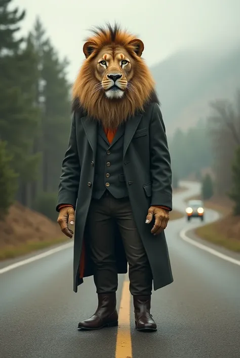 A lion King wearing costume of men with boots standing in road waiting of car