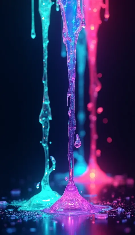 Bright neon colors like electric blue, pink, and green dripping down the screen as glowing paint, with each droplet casting a radiant light and creating a sleek, futuristic glow against a dark, smooth background.