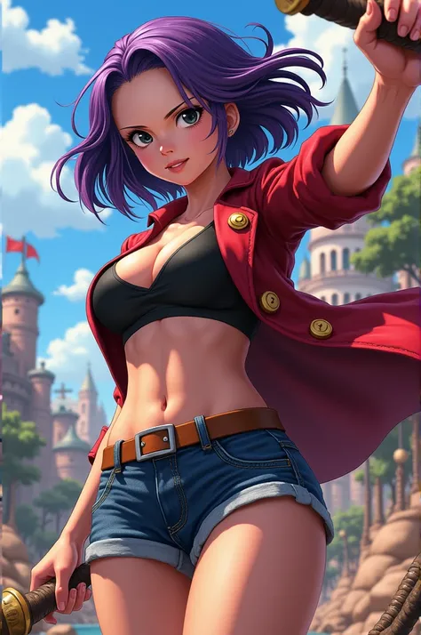 Create a female one piece character with medium plum colored hair and black eyes