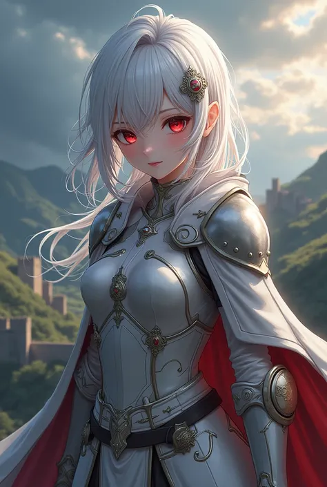 Anime famele medieval character with light armor and cape, white hair and red eyes