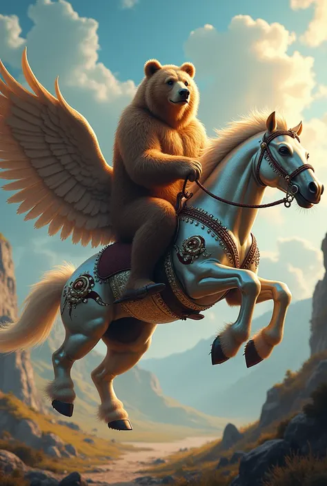 Bear riding a winged horse with chrome wheels studded with diamonds and chocolate 