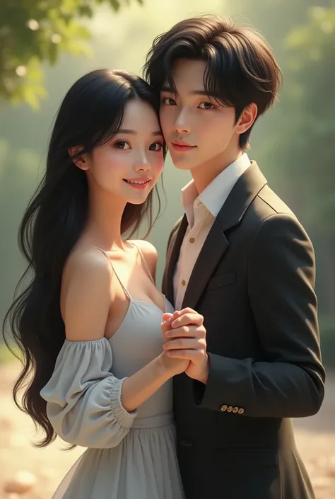 (photorealism:1.2), beautiful korean women, white cute and atractive face, Long black hair, smiling whit a man with the appearance of Baekhyun of exo , holding hands