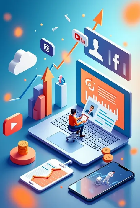 Create a vibrant and modern image for a post about digital marketing. The image should include icons related to social media platforms (such as Instagram, Facebook, YouTube, and LinkedIn), along with growth charts, laptops, and smartphones. The background ...