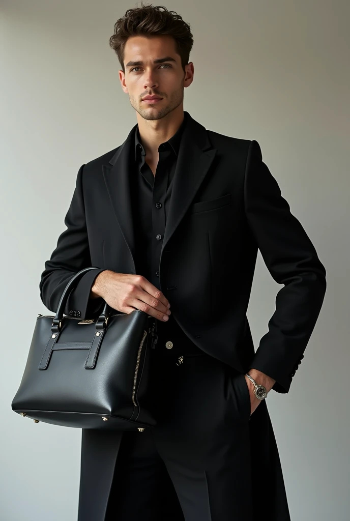 Male handsome model holding bag for ad of bag clg bag stylish and black colour
