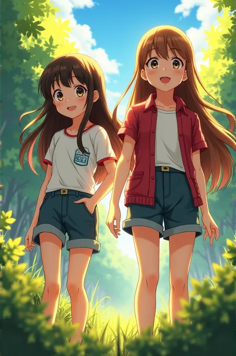 Two little girls, one with long brown wavy hair and the other with long straight brown hair., both  and in summer my hero academia