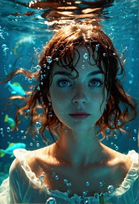 a woman in  shirt with details, underwater wonders, bright blue eyes, effects, ultra realistic, photorealistic, 4k, 8k, highres, masterpiece, vivid colors, detailed facial features, detailed clothing, studio lighting, physically-based rendering, underwater...